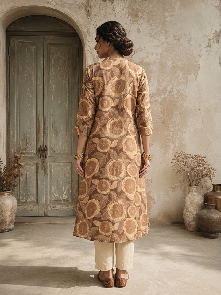 Brown Modal Sunflower Printed Kurta