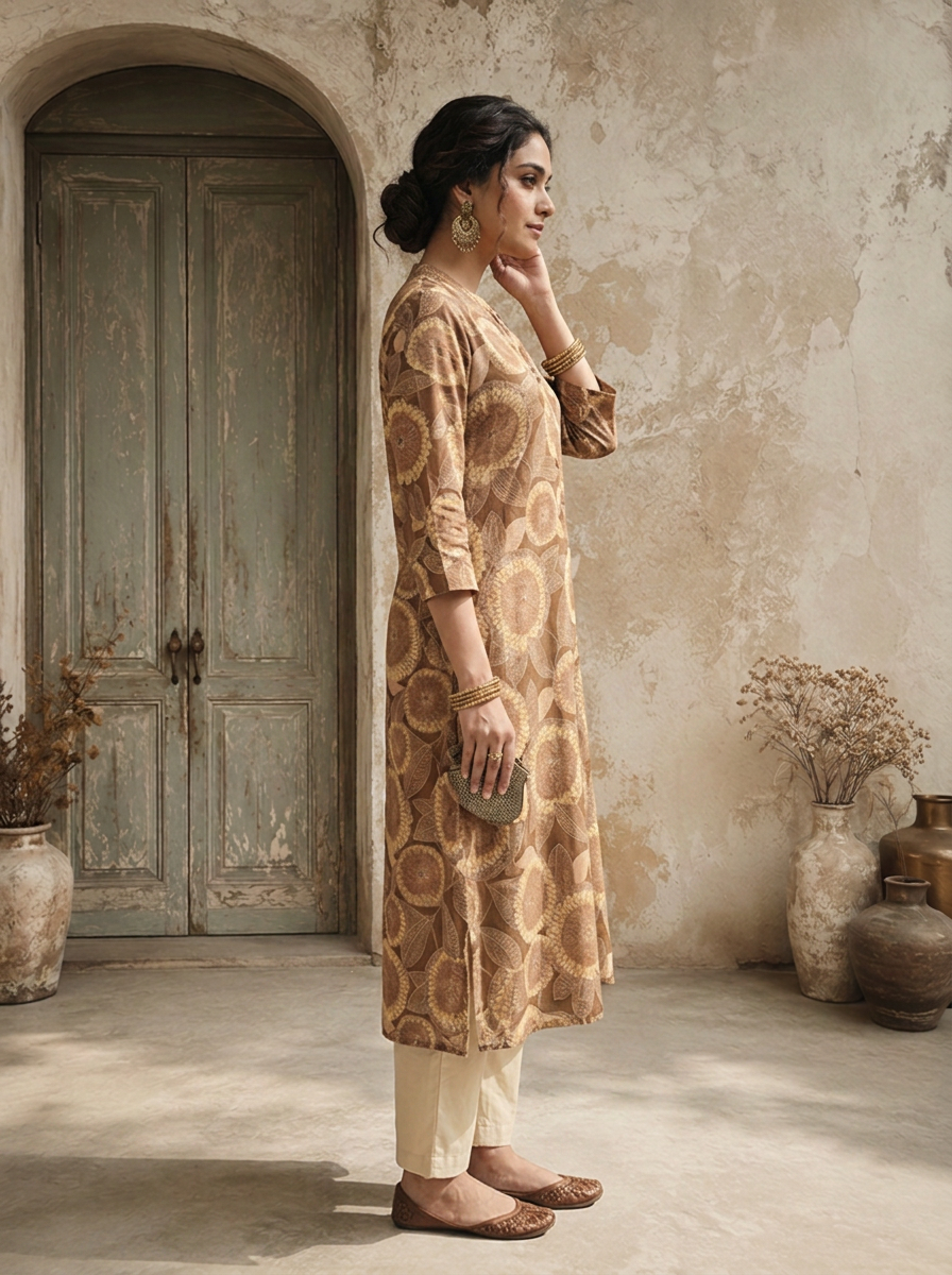 Brown Modal Sunflower Printed Kurta