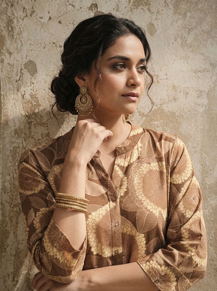 Brown Modal Sunflower Printed Kurta
