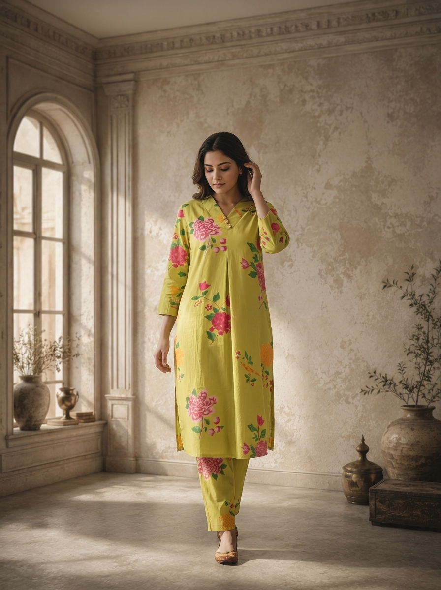 Lime Cotton Peony Floral Printed Two Piece Set