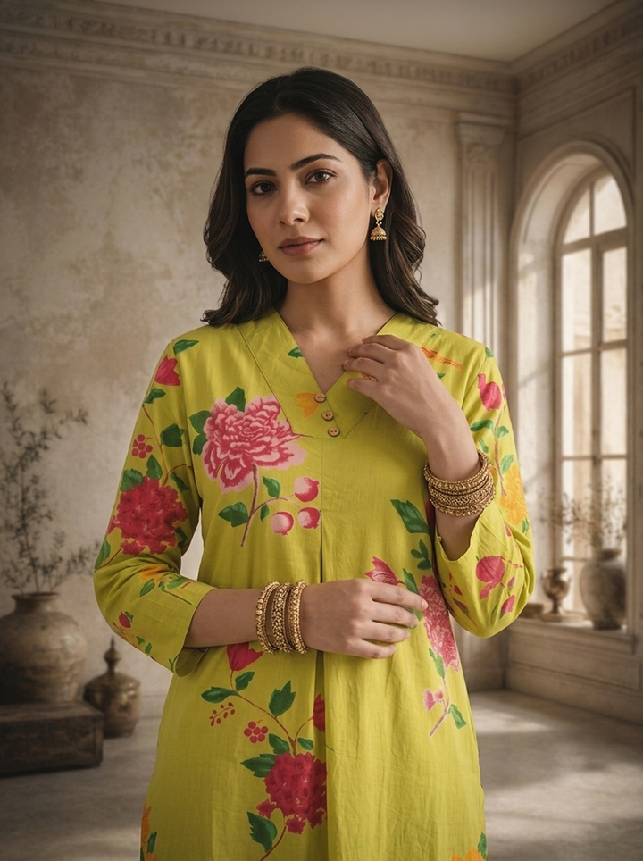 Lime Cotton Peony Floral Printed Two Piece Set