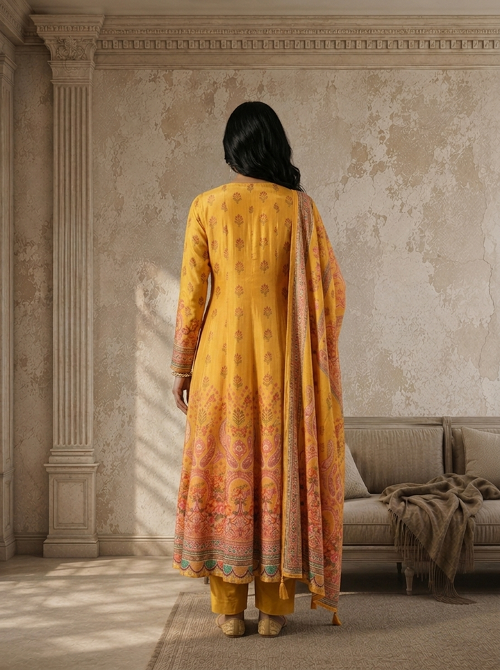 Mustard Crepe Paisley And Floral Mughal Printed Three Piece Set
