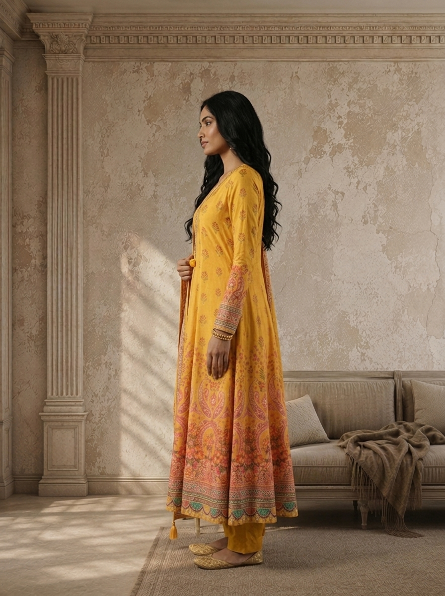 Mustard Crepe Paisley And Floral Mughal Printed Three Piece Set