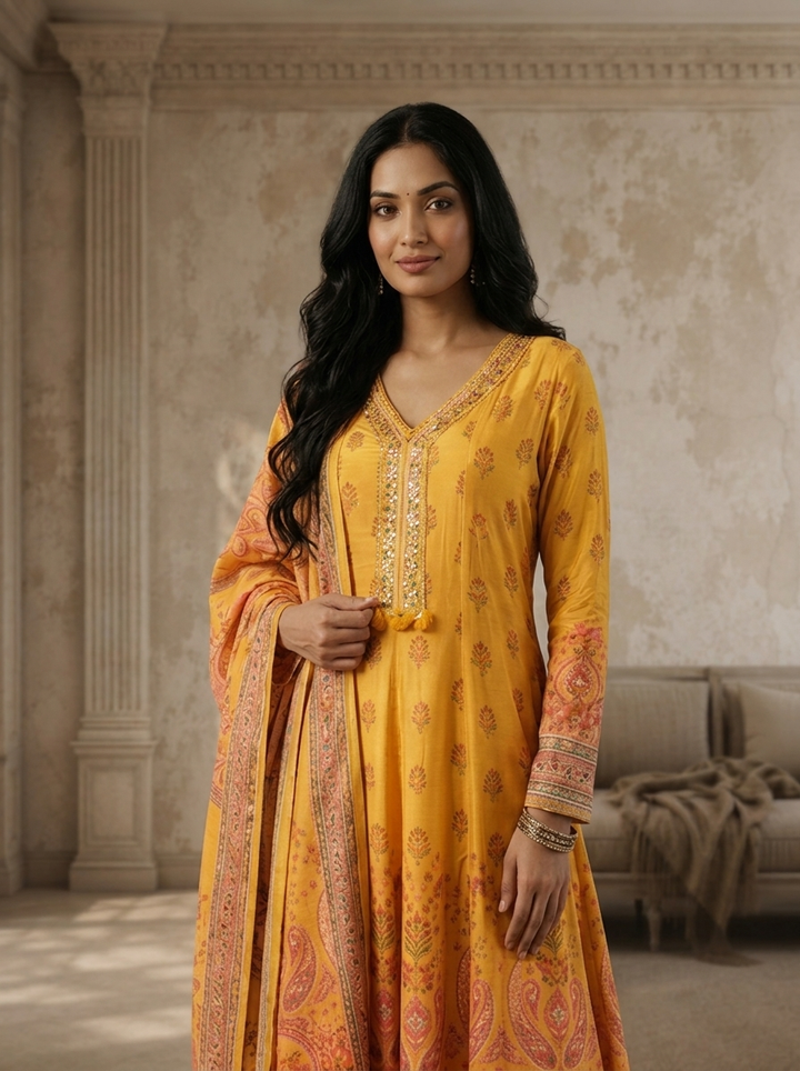 Mustard Crepe Paisley And Floral Mughal Printed Three Piece Set
