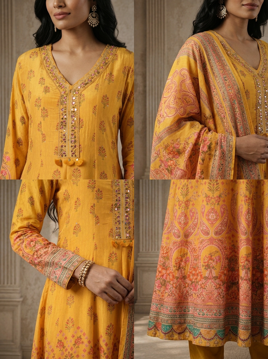 Mustard Crepe Paisley And Floral Mughal Printed Three Piece Set