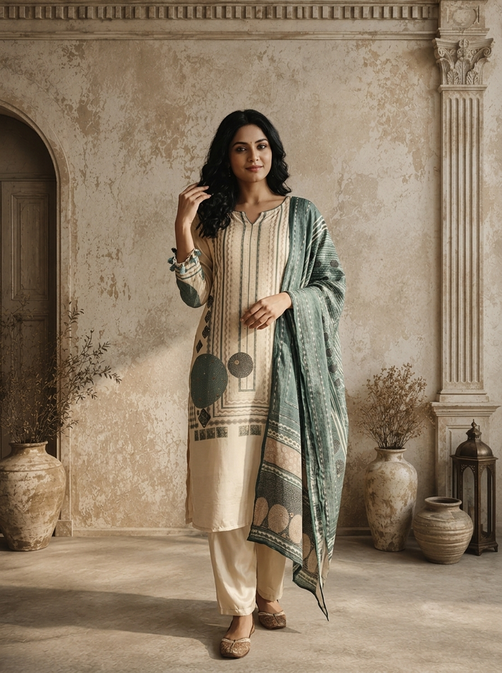 Cream Modal Vertical Zigzag Stripes With Tribal Circular Mandala Printed Three Piece Set