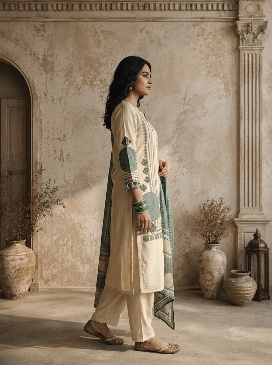 Cream Modal Vertical Zigzag Stripes With Tribal Circular Mandala Printed Three Piece Set