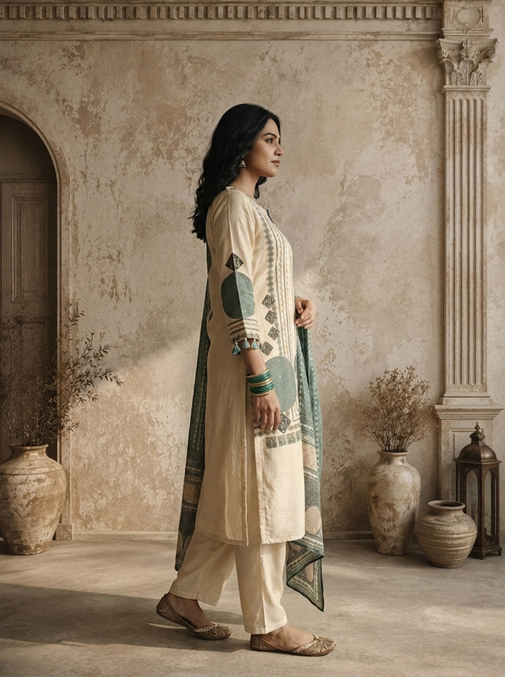 Cream Modal Vertical Zigzag Stripes With Tribal Circular Mandala Printed Three Piece Set