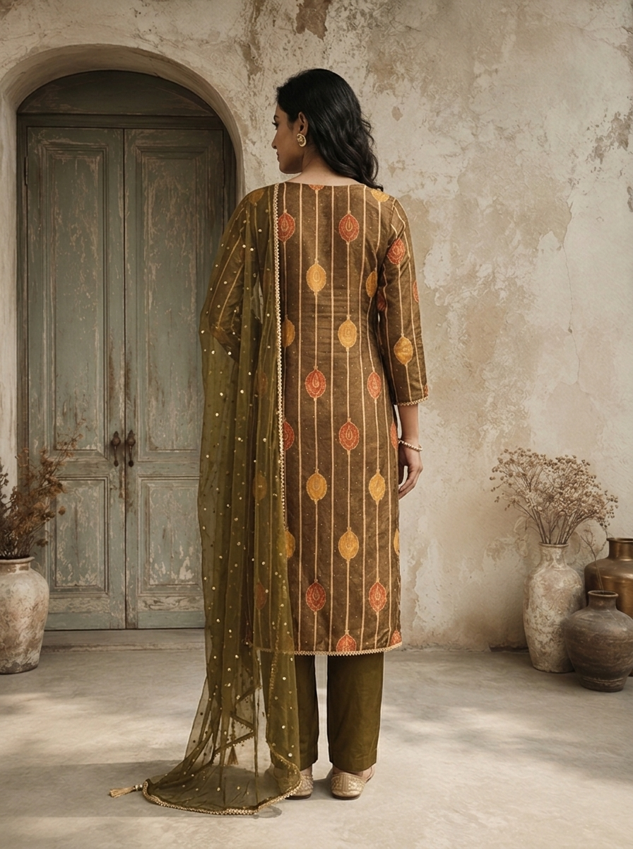 Olive Crepe Kalga Motif Printed Three Piece Set