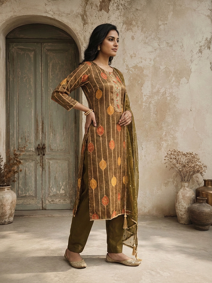 Olive Crepe Kalga Motif Printed Three Piece Set