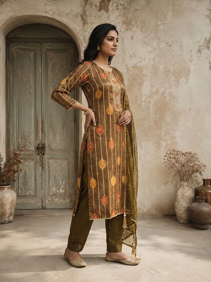 Olive Crepe Kalga Motif Printed Three Piece Set