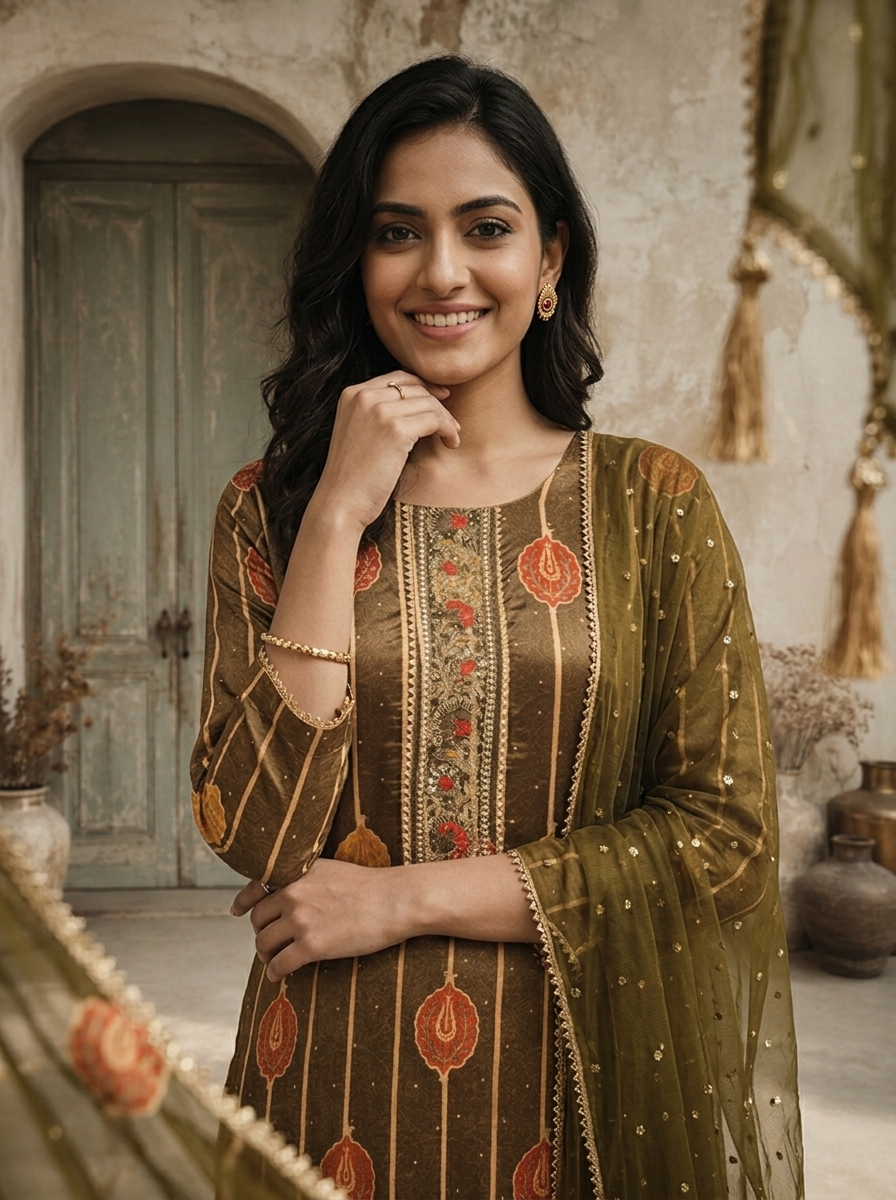 Olive Crepe Kalga Motif Printed Three Piece Set