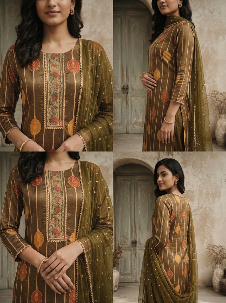 Olive Crepe Kalga Motif Printed Three Piece Set
