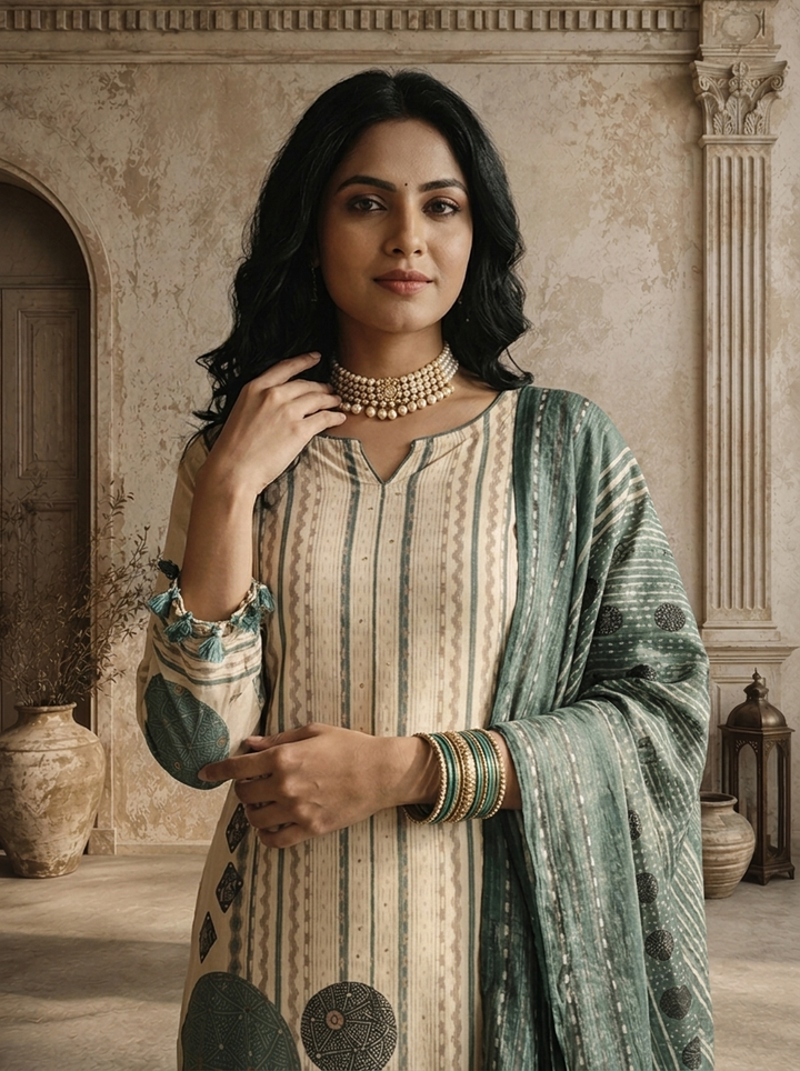 Cream Modal Vertical Zigzag Stripes With Tribal Circular Mandala Printed Three Piece Set