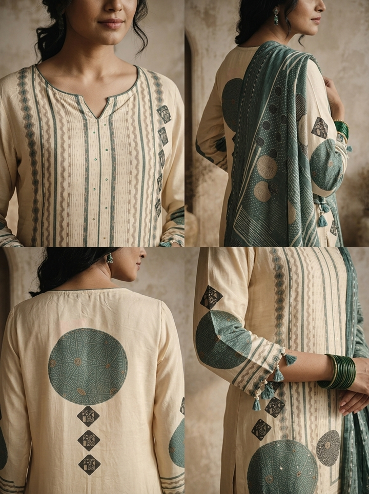 Cream Modal Vertical Zigzag Stripes With Tribal Circular Mandala Printed Three Piece Set