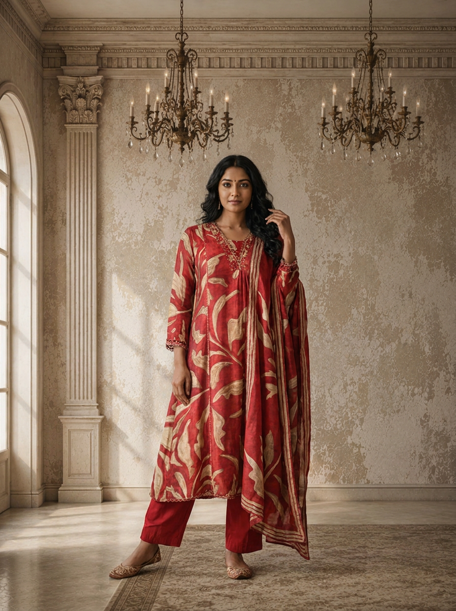 Maroon Muslin Abstract Leaf Printed Three Piece Set