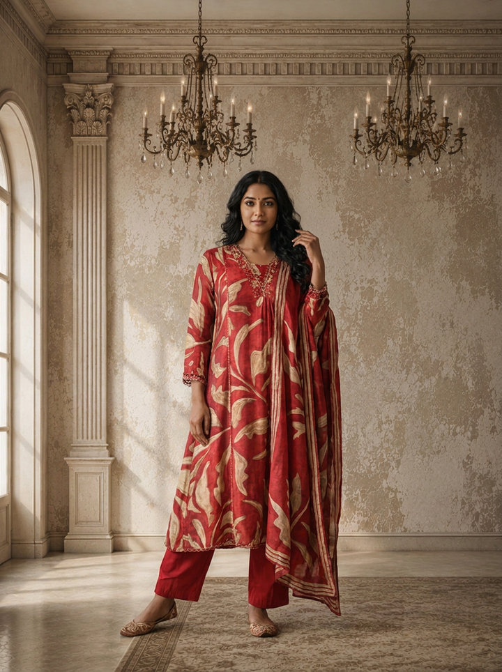 Maroon Muslin Abstract Leaf Printed Three Piece Set