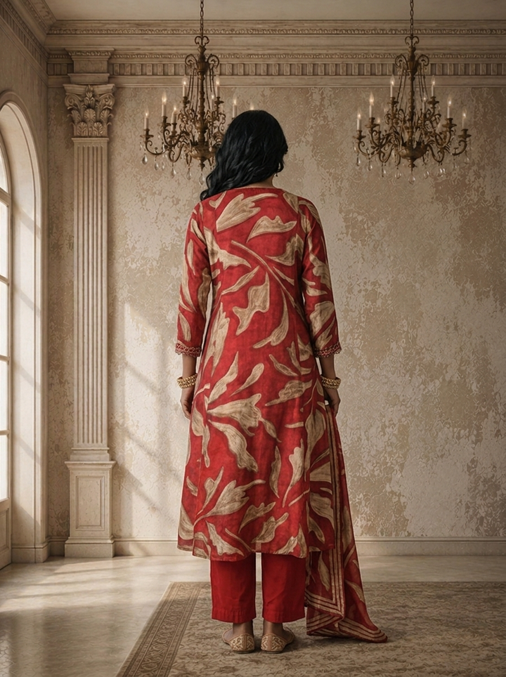 Maroon Muslin Abstract Leaf Printed Three Piece Set