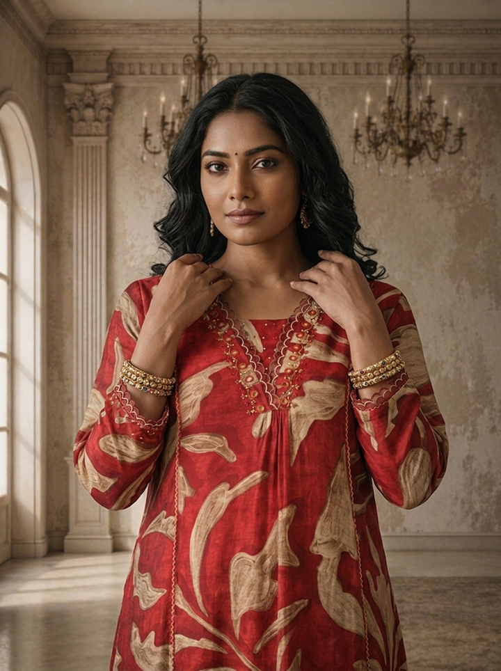 Maroon Muslin Abstract Leaf Printed Three Piece Set