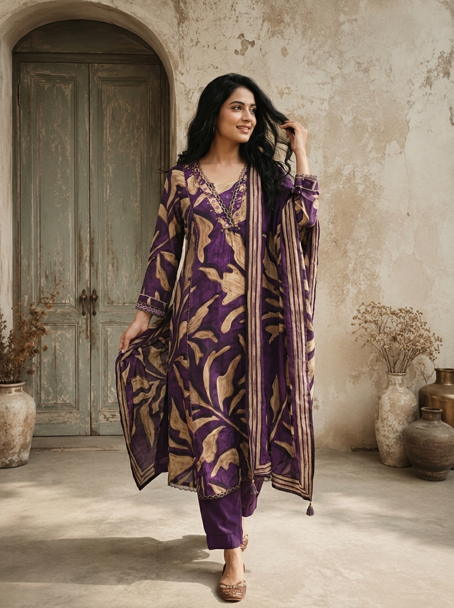 Purple Muslin Abstract Leaf Printed Three Piece Set