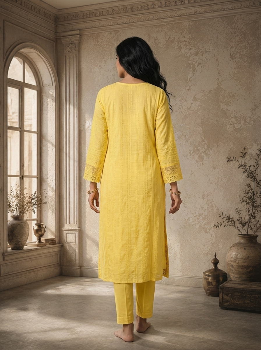 Yellow Cotton Multicolor Floral Embroidered Three Piece Set