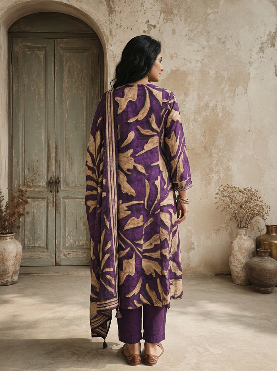 Purple Muslin Abstract Leaf Printed Three Piece Set