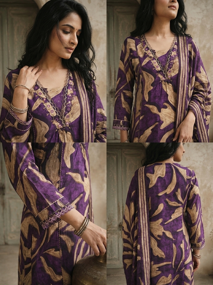 Purple Muslin Abstract Leaf Printed Three Piece Set
