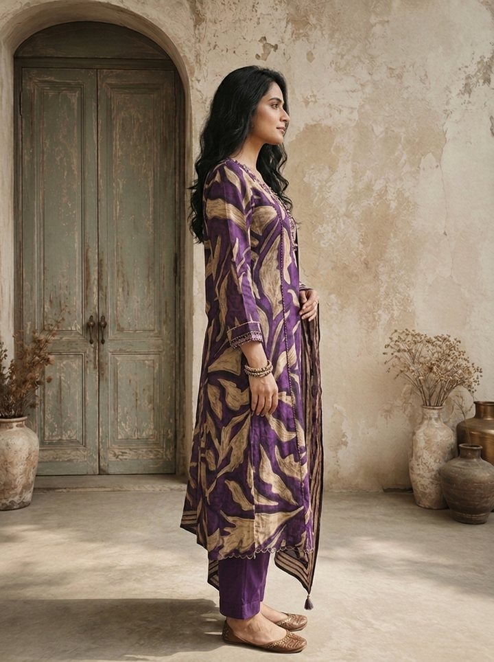 Purple Muslin Abstract Leaf Printed Three Piece Set