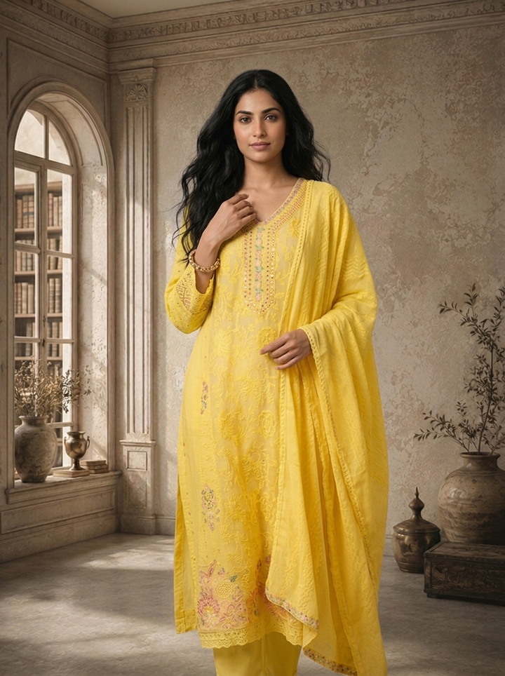 Yellow Cotton Multicolor Floral Embroidered Three Piece Set