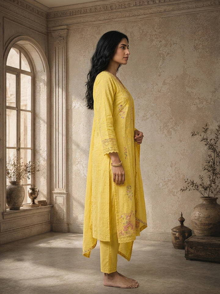 Yellow Cotton Multicolor Floral Embroidered Three Piece Set