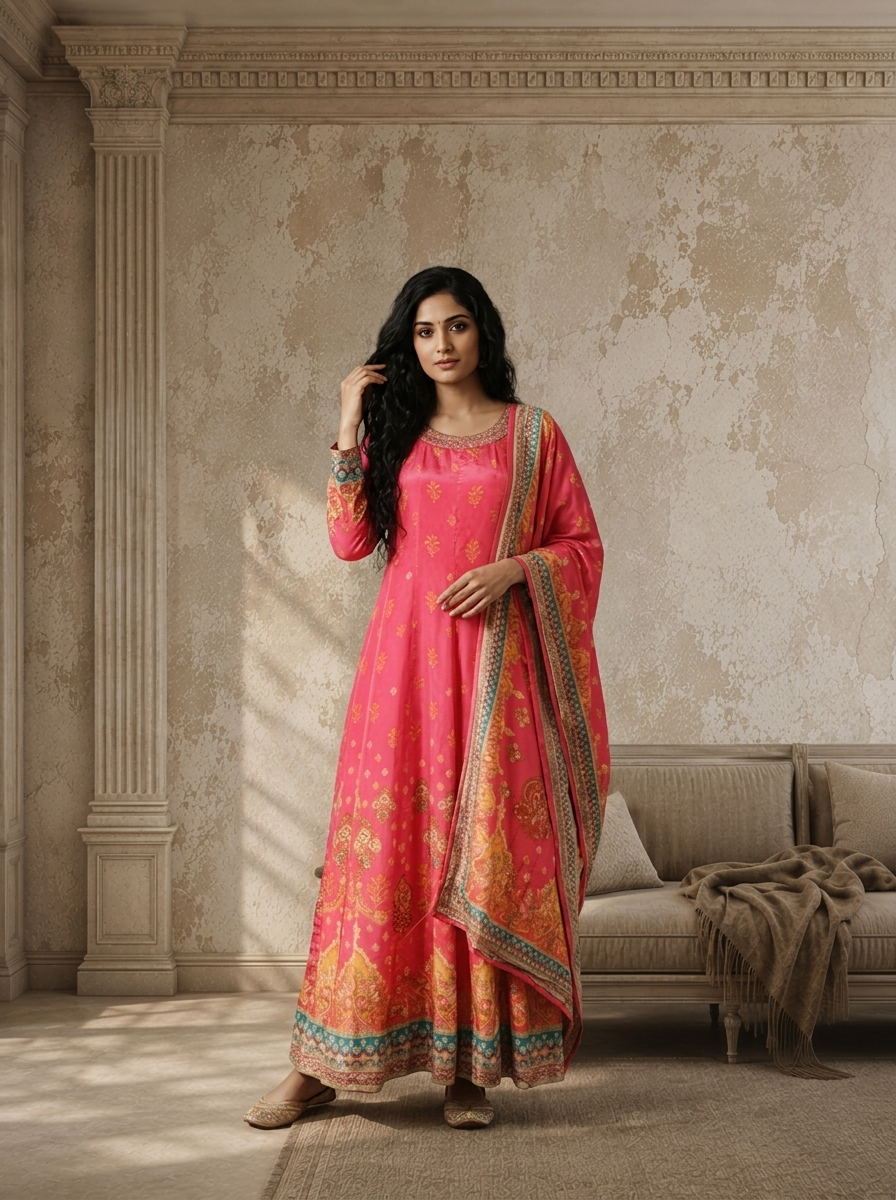 Pink Crepe Mughal Boota Printed Anarkali With Dupatta