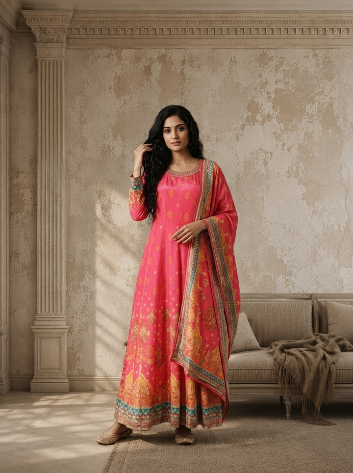 Pink Crepe Mughal Boota Printed Anarkali With Dupatta