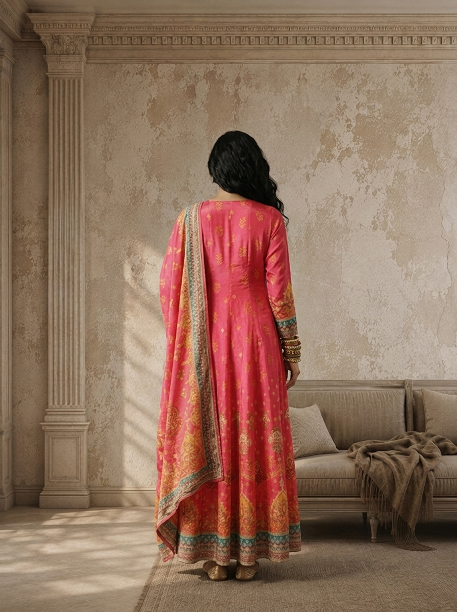 Pink Crepe Mughal Boota Printed Anarkali With Dupatta