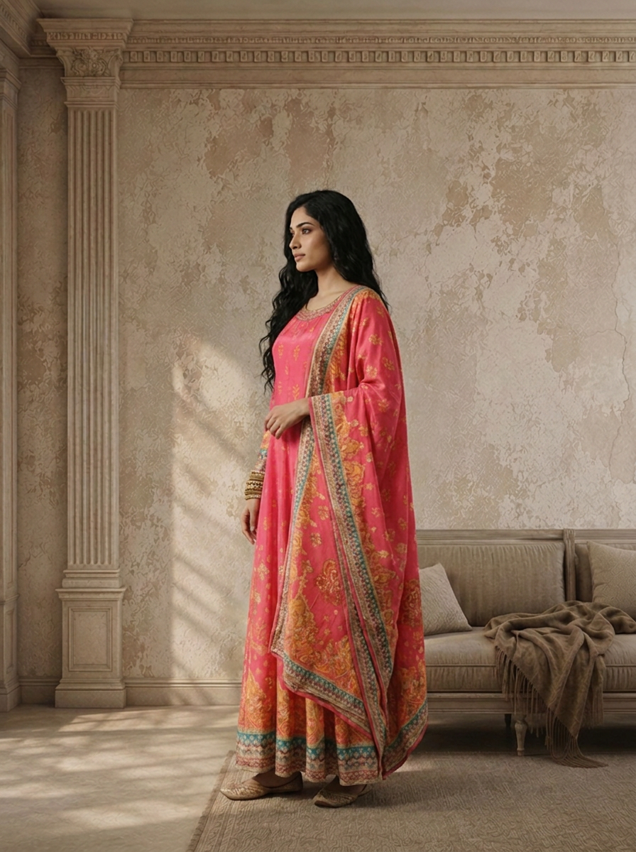 Pink Crepe Mughal Boota Printed Anarkali With Dupatta