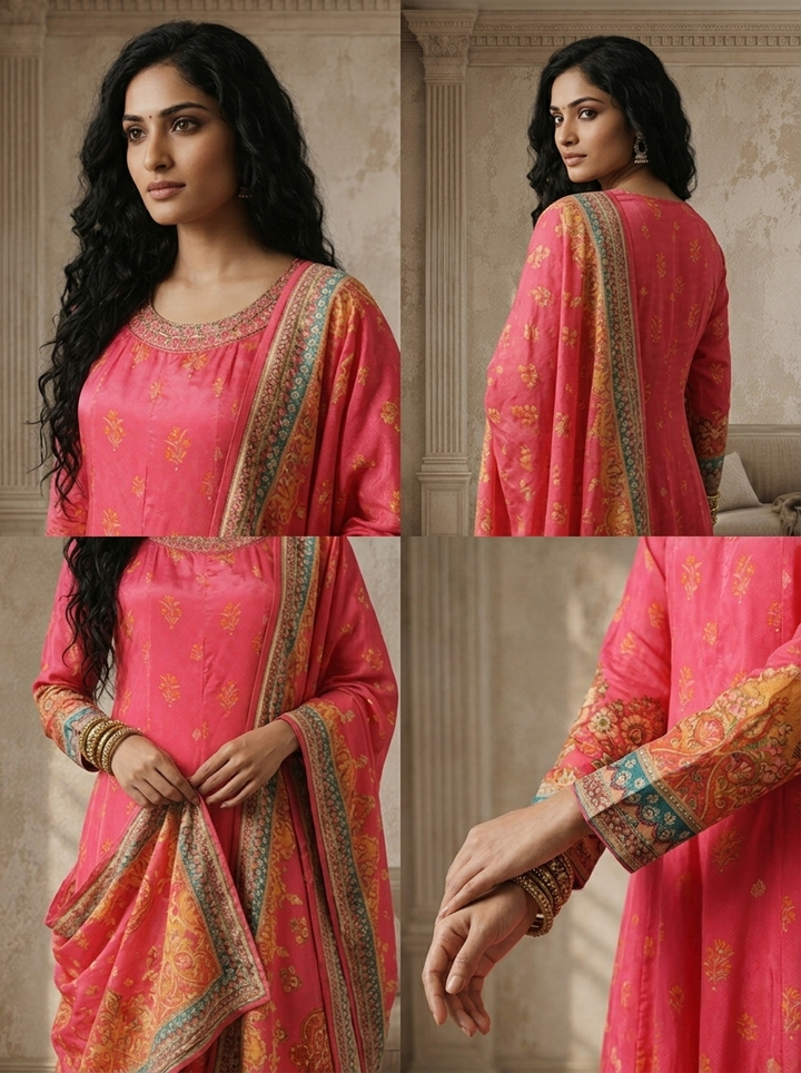 Pink Crepe Mughal Boota Printed Anarkali With Dupatta