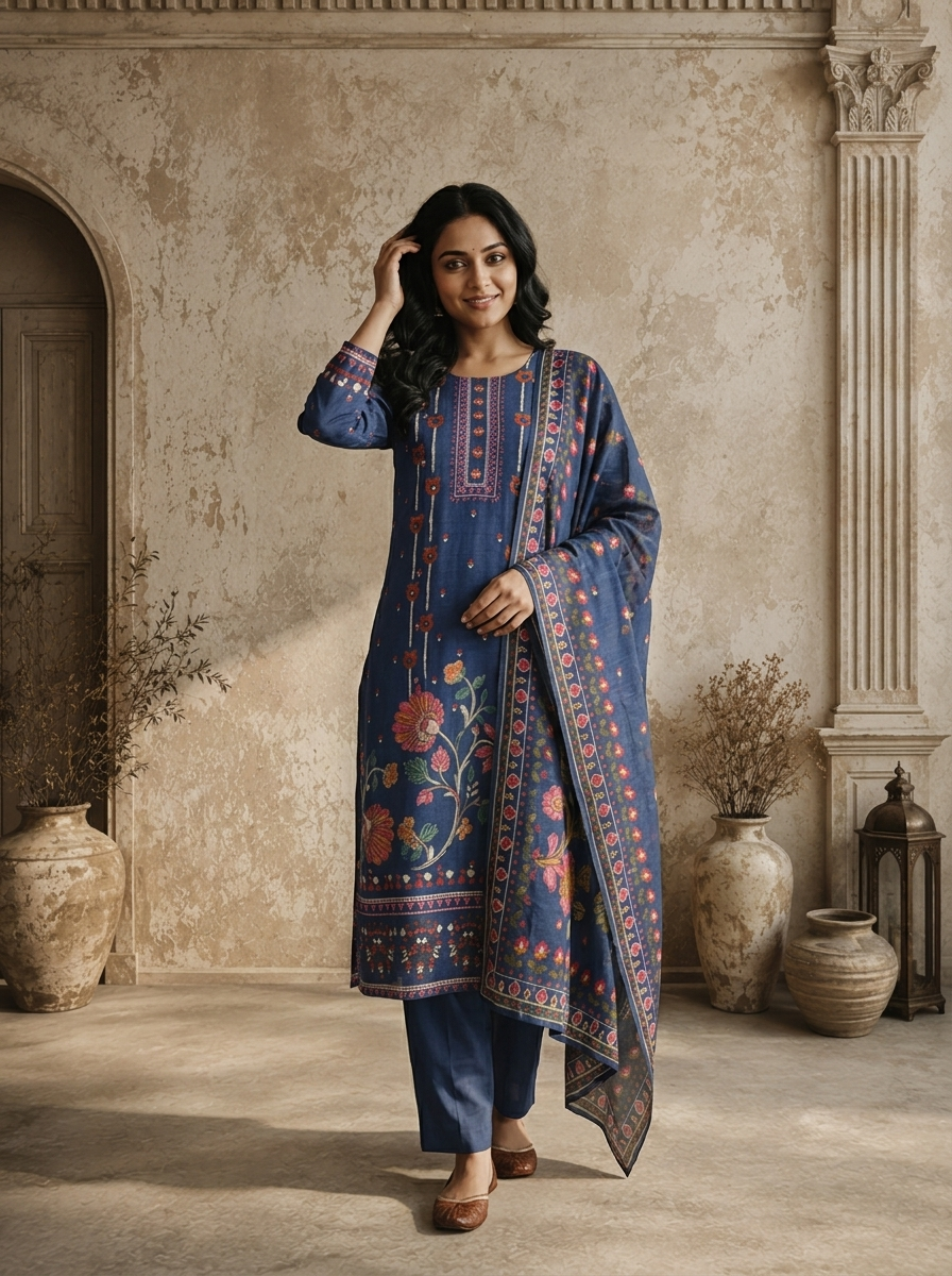 Navy Blue Cotton Vertical Floral Boota Printed Three Piece Set