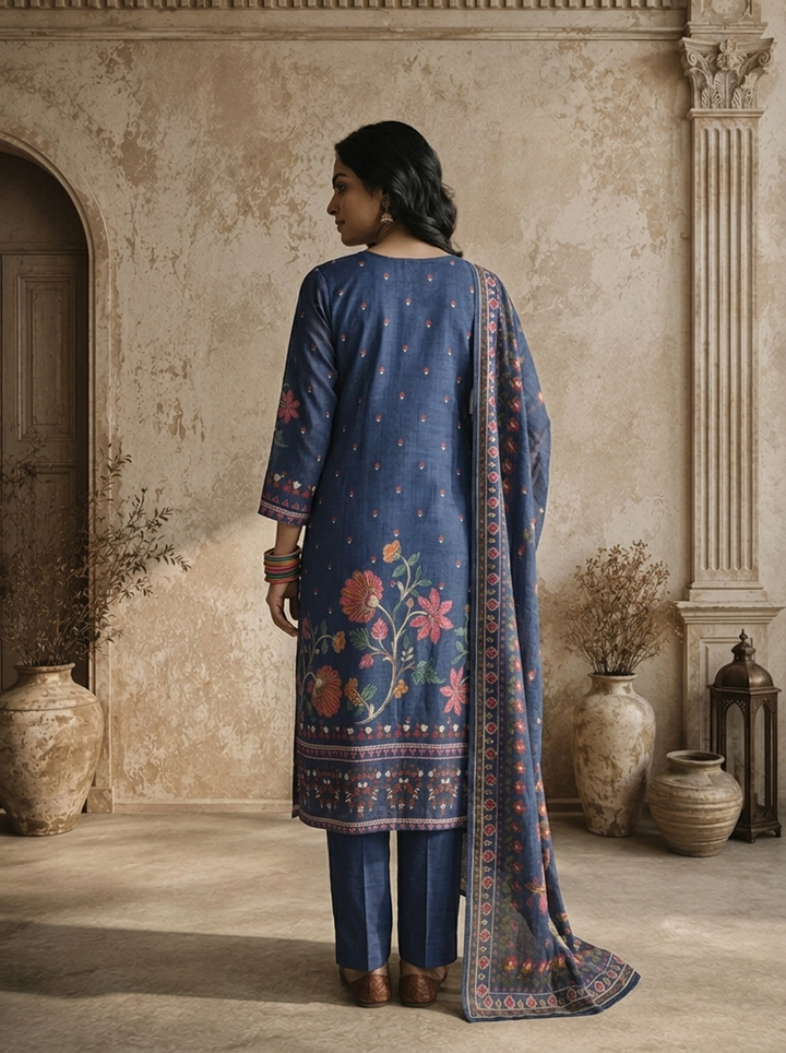Navy Blue Cotton Vertical Floral Boota Printed Three Piece Set