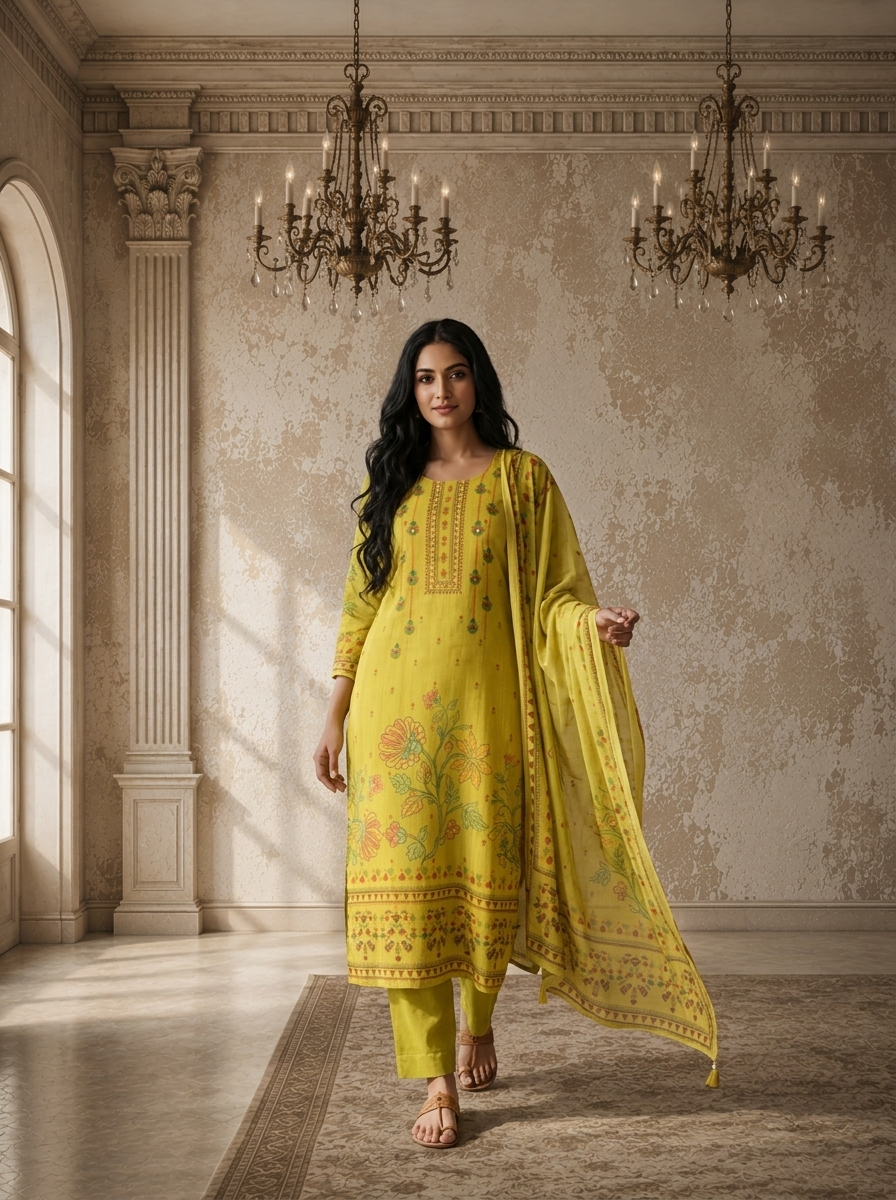 Mehendi Green Cotton Vertical Floral Boota Printed Three Piece Set