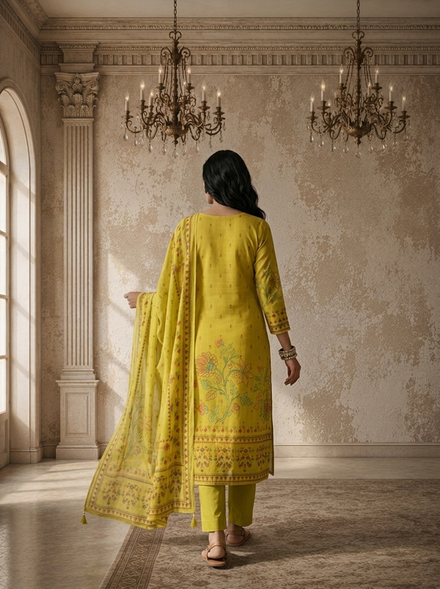 Mehendi Green Cotton Vertical Floral Boota Printed Three Piece Set
