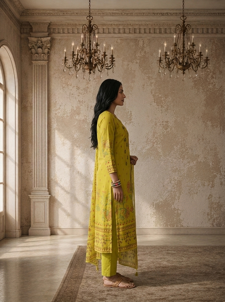 Mehendi Green Cotton Vertical Floral Boota Printed Three Piece Set