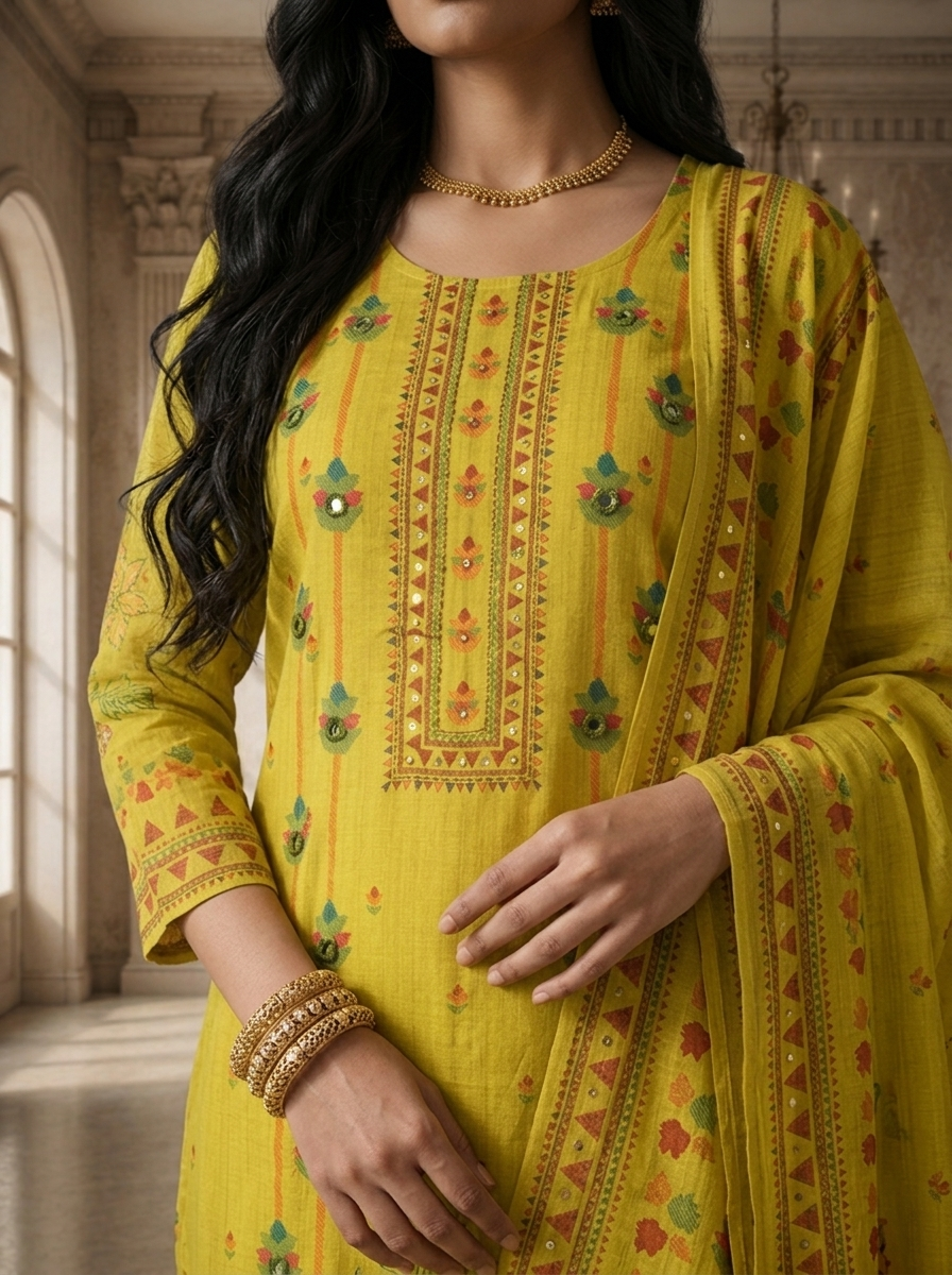 Mehendi Green Cotton Vertical Floral Boota Printed Three Piece Set