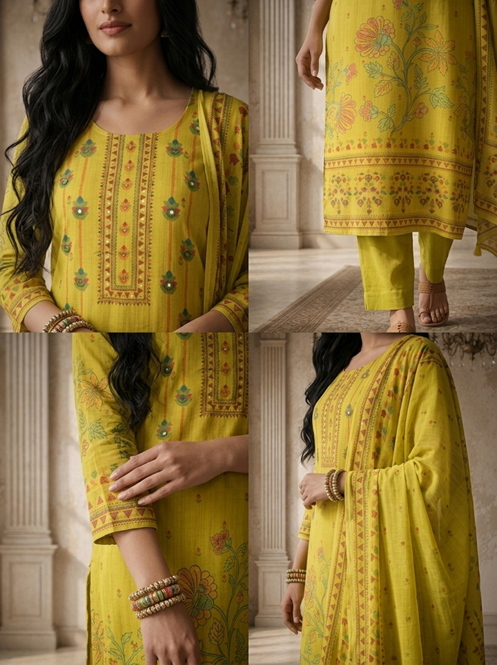 Mehendi Green Cotton Vertical Floral Boota Printed Three Piece Set
