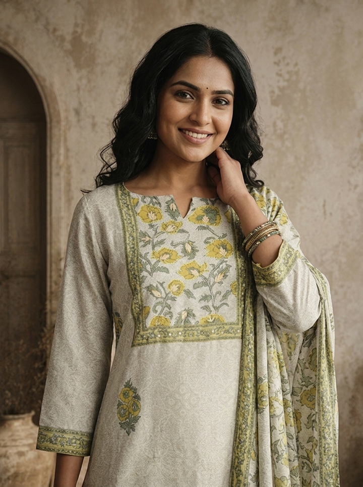 Ivory Yellow Modal Floral Mughal Boota Printed Three Piece Set