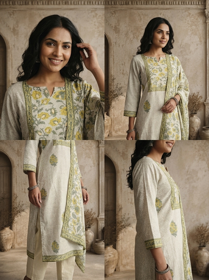 Ivory Yellow Modal Floral Mughal Boota Printed Three Piece Set