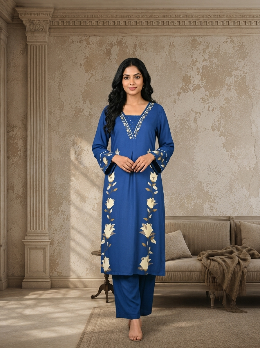 Royal Blue Rayon Twin Lotus Vine Printed Two Piece Set