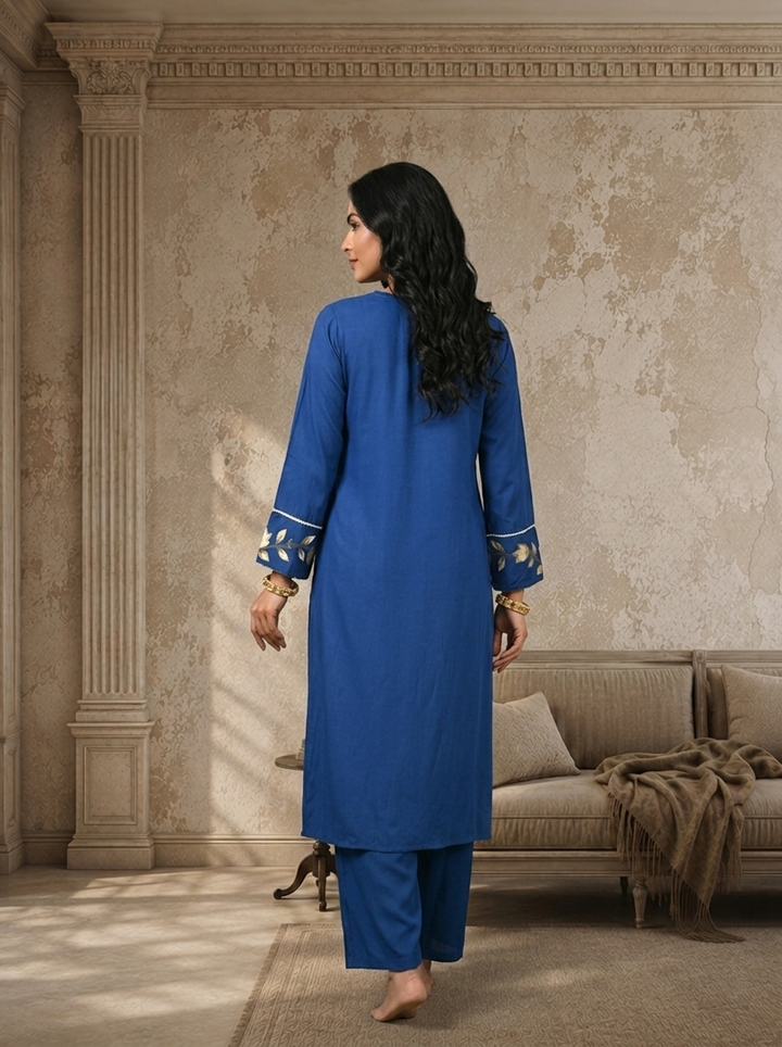 Royal Blue Rayon Twin Lotus Vine Printed Two Piece Set