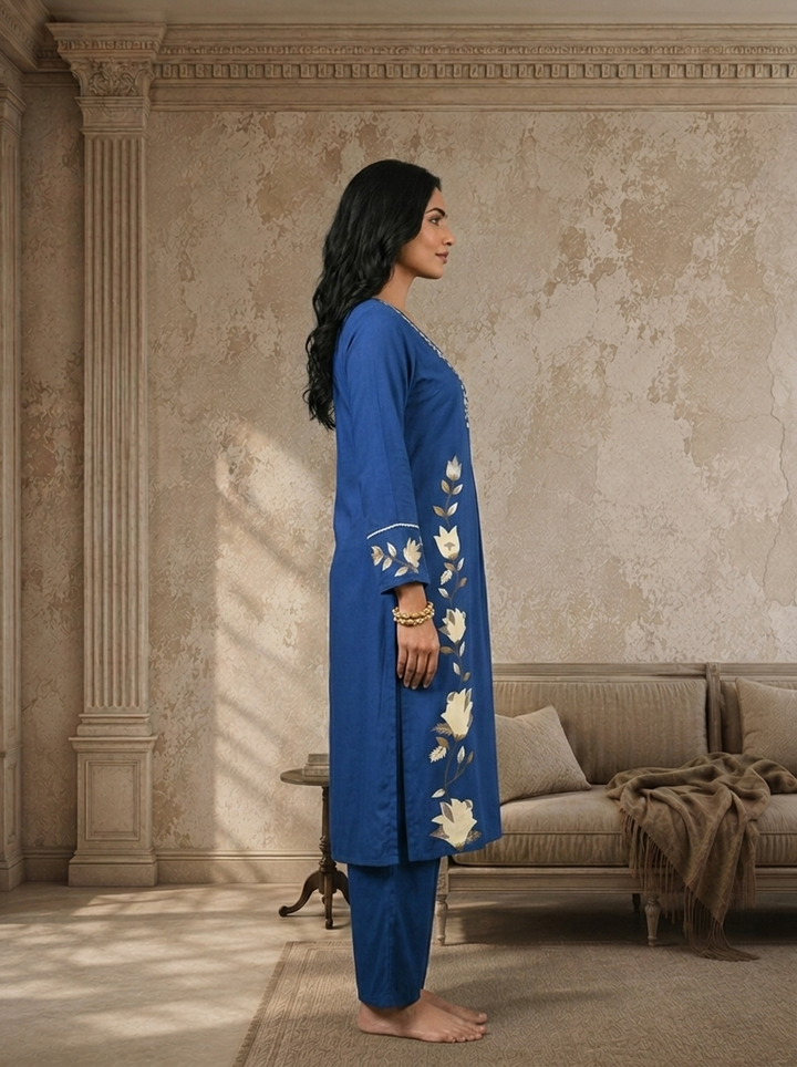 Royal Blue Rayon Twin Lotus Vine Printed Two Piece Set