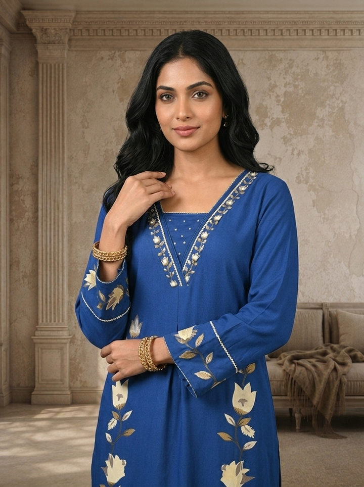 Royal Blue Rayon Twin Lotus Vine Printed Two Piece Set
