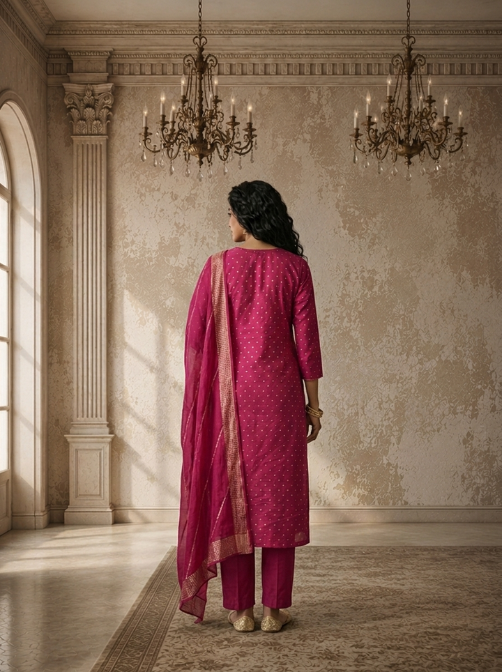 Purple Silk Zari Diamond Boota Weaved Three Piece Set