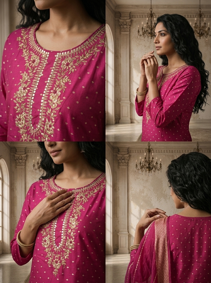 Purple Silk Zari Diamond Boota Weaved Three Piece Set